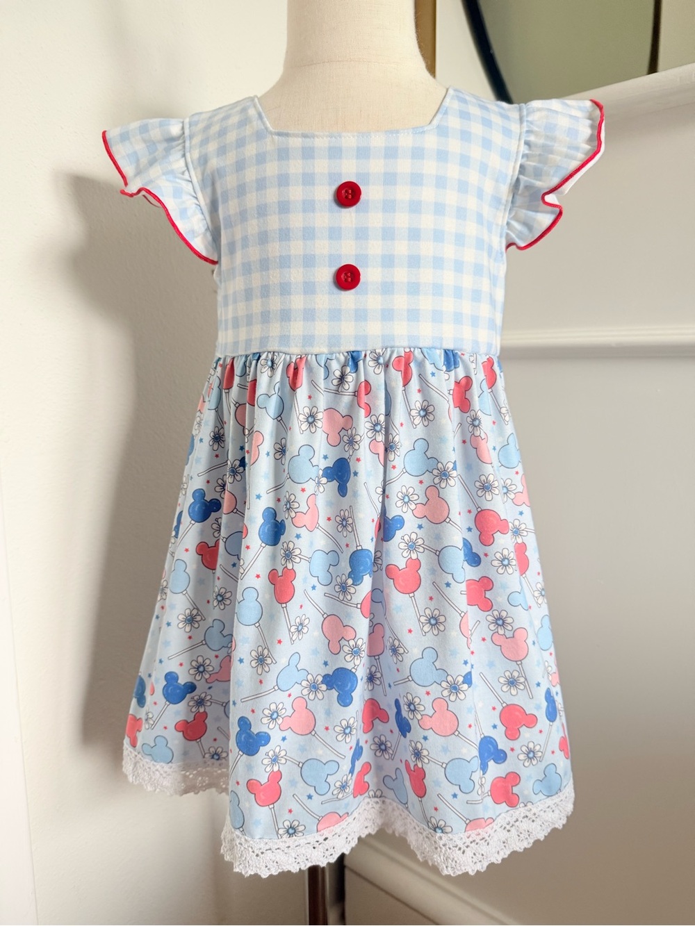Abby & Evie Blue Gingham Mouse Character Bow Back Dress 4